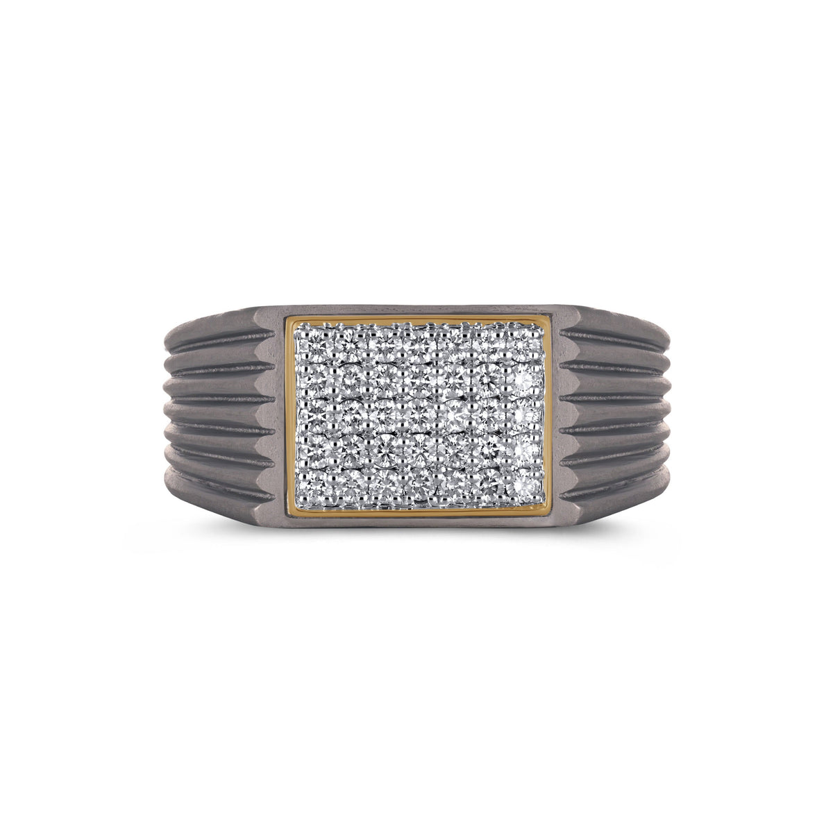 Men's rectangular pave moissanite ring in 10k yellow gold and titanium with a sleek, modern design from Kynora Jewels.