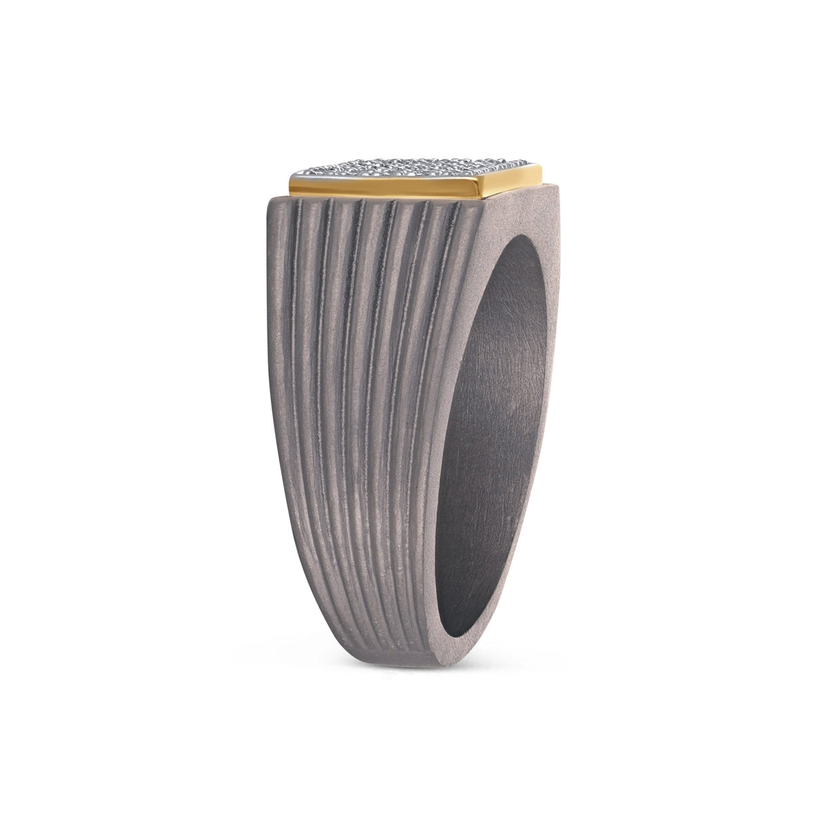 Men's rectangular pave moissanite ring in 10k yellow gold and titanium, featuring a sleek, modern design with sparkling stones.