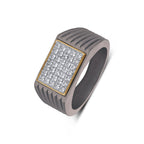 Men's rectangular pave moissanite ring in 10k yellow gold and titanium, featuring a sleek design and sparkling stones.