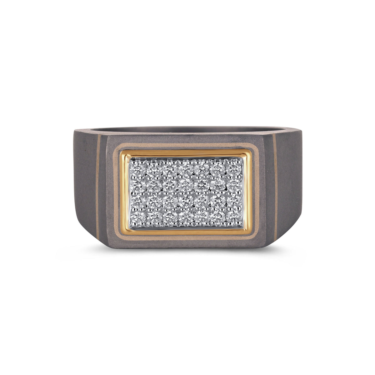 Men's rectangular pave moissanite signet ring in 10k gold and titanium, featuring a bold design and sparkling gemstones.