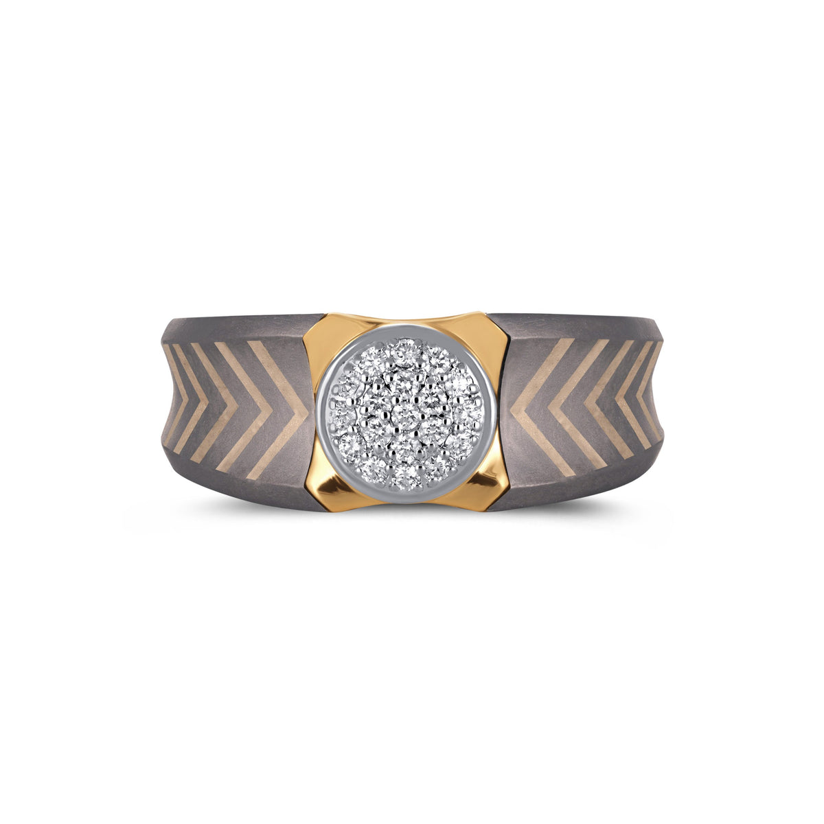 Men's titanium ring featuring a 10k yellow gold and moissanite cluster wedding band by Kynora Jewels