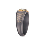 Men's round moissanite cluster wedding band in 10k yellow gold and titanium, featuring sparkling gemstone accents.