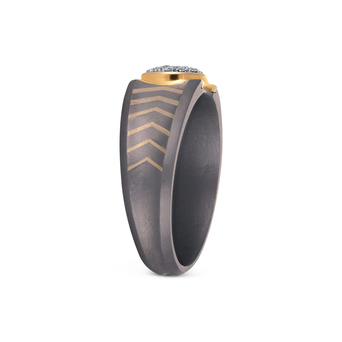 Men's round moissanite cluster wedding band in 10k yellow gold and titanium, featuring sparkling gemstone accents.