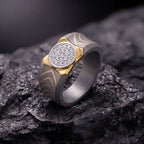 Men's round moissanite cluster wedding band in 10k yellow gold and titanium, featuring a sleek titanium ring with sparkling gemstone cluster.
