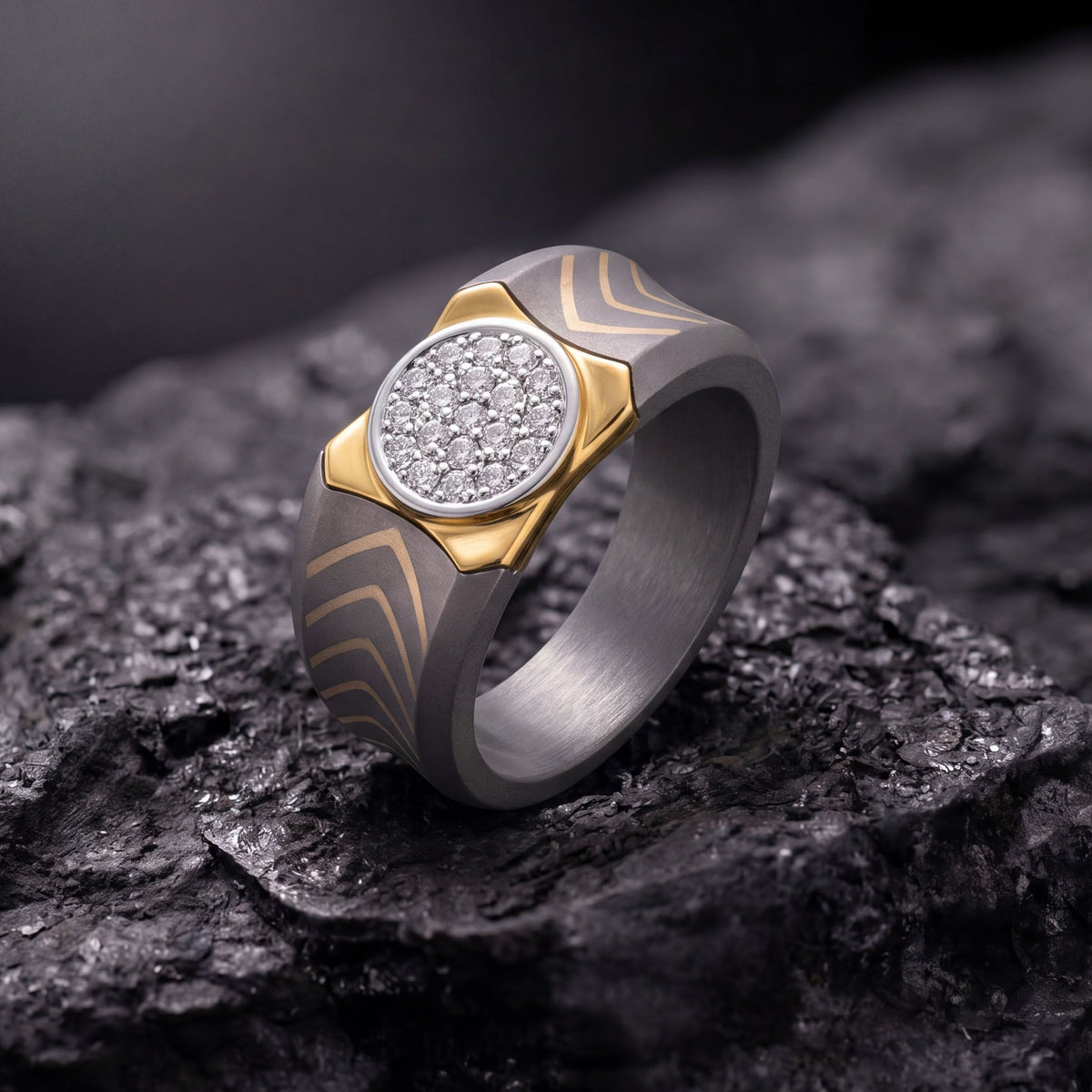 Men's round moissanite cluster wedding band in 10k yellow gold and titanium, featuring a sleek titanium ring with sparkling gemstone cluster.