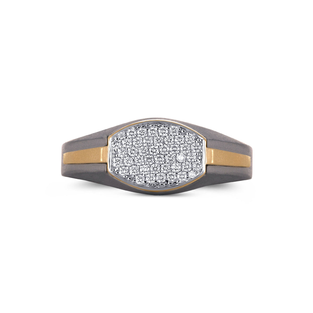 Men's shield pave moissanite ring in 10k gold and matte titanium, featuring a sleek design and sparkling gemstone accents. Main image