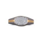 Men's shield pave moissanite ring in 10k gold and matte titanium, featuring a sleek design and sparkling gemstone accents.