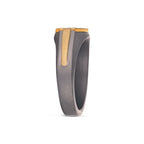 Men's shield pave moissanite ring in 10k gold and matte titanium, featuring a sleek design and sparkling gemstone accents.