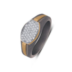 Men's shield pave moissanite ring in 10k gold and matte titanium, featuring a sleek titanium band with sparkling moissanite accents.
