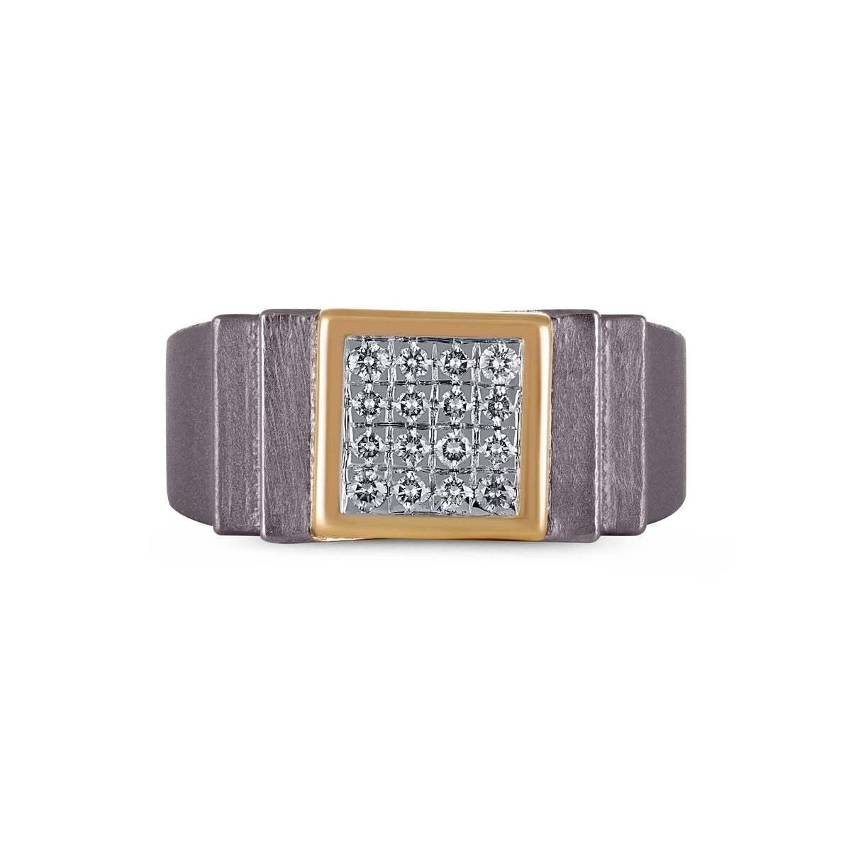 Men's square moissanite cluster band in 10k yellow gold and titanium, showcasing a modern design with sparkling gemstones. Main image
