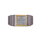 Men's square moissanite cluster band in 10k yellow gold and titanium, showcasing a modern design with sparkling gemstones.
