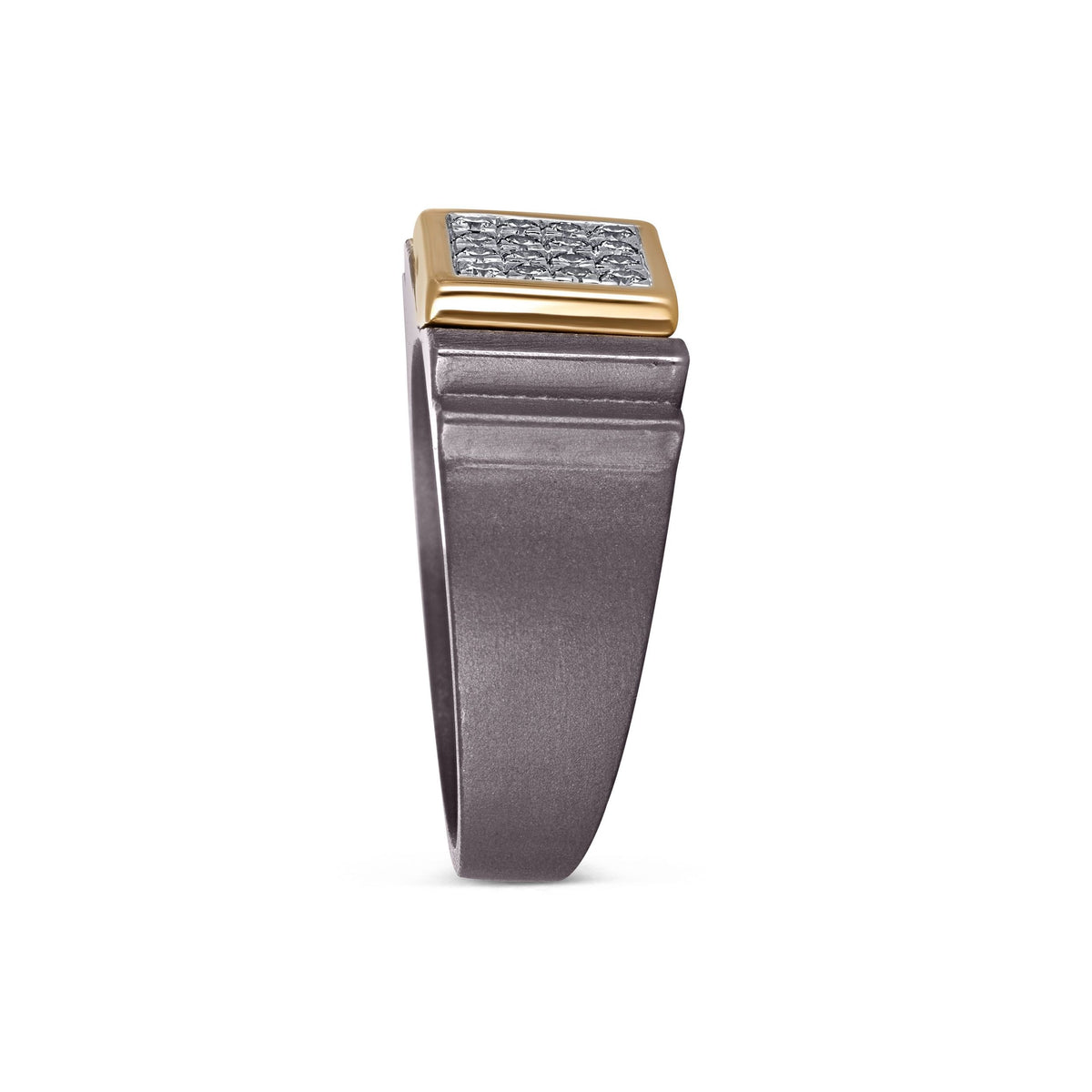Men's square moissanite cluster ring in 10k yellow gold and titanium, showcasing a stylish modern design.