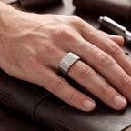 Men's titanium ring with a square moissanite cluster band in 10k yellow gold, featuring a modern, sleek design.