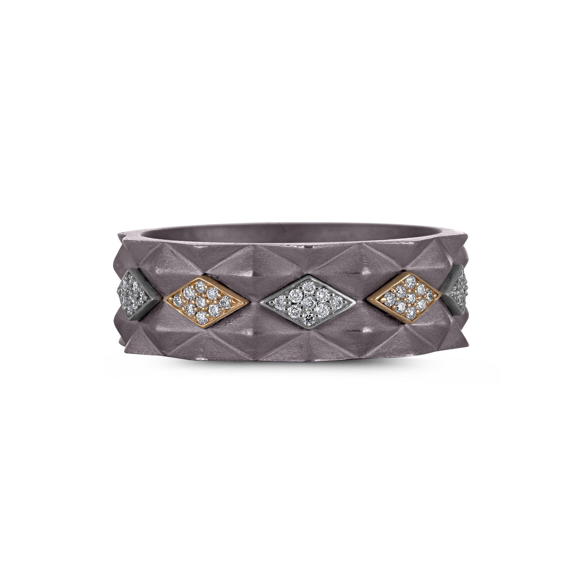 Men's titanium ring with studded 10k yellow gold accents and pave moissanite stones, showcasing a luxurious and modern jewelry design. Main image