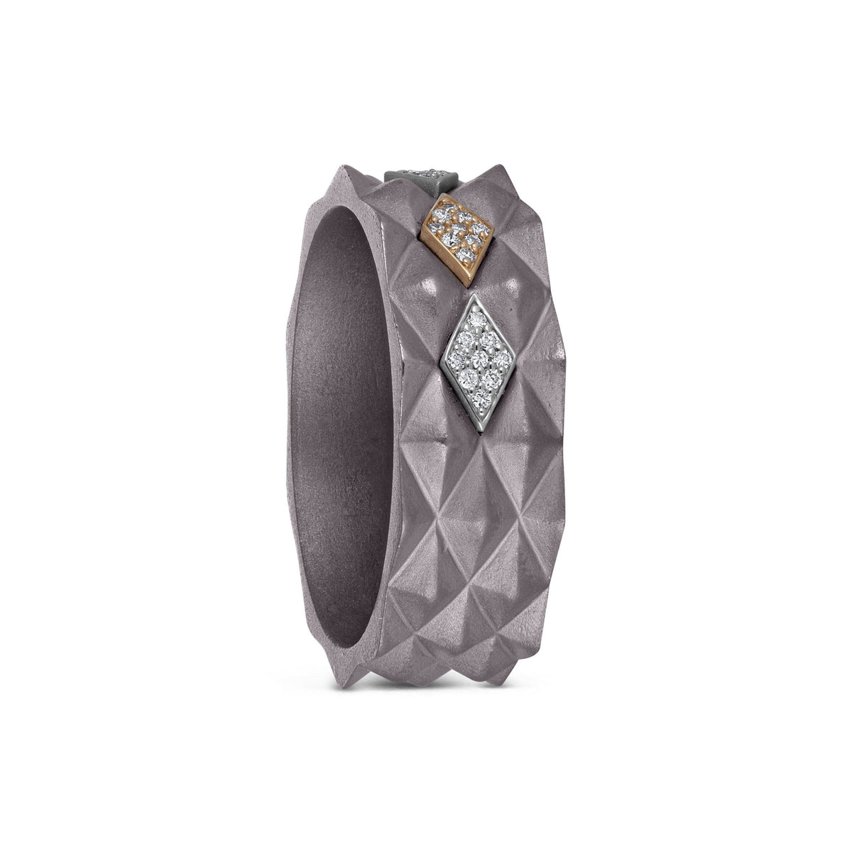 Men's titanium ring with studded 10k yellow gold accents and pave moissanite stones, showcasing Kynora Jewels' luxurious design.