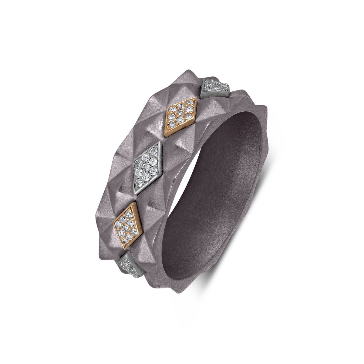 Men's titanium ring with studded 10k yellow gold and pave moissanite accents, showcasing a stylish and luxurious design.