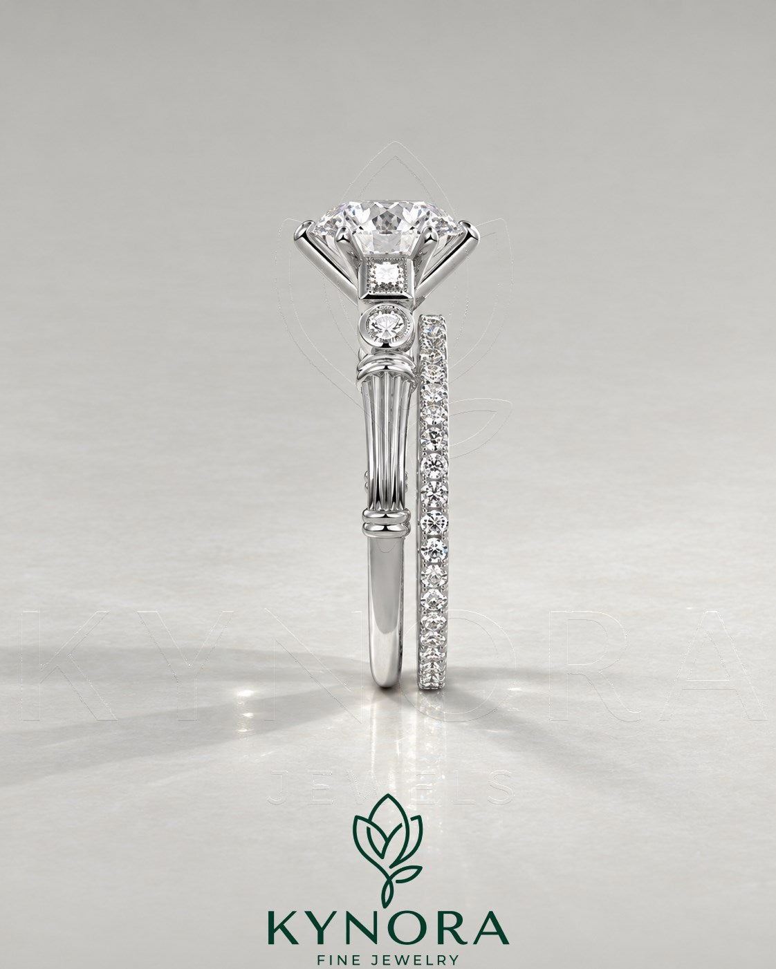 Vintage Round Moissanite Ornate Fluted Engagement Ring in 925 Silver
