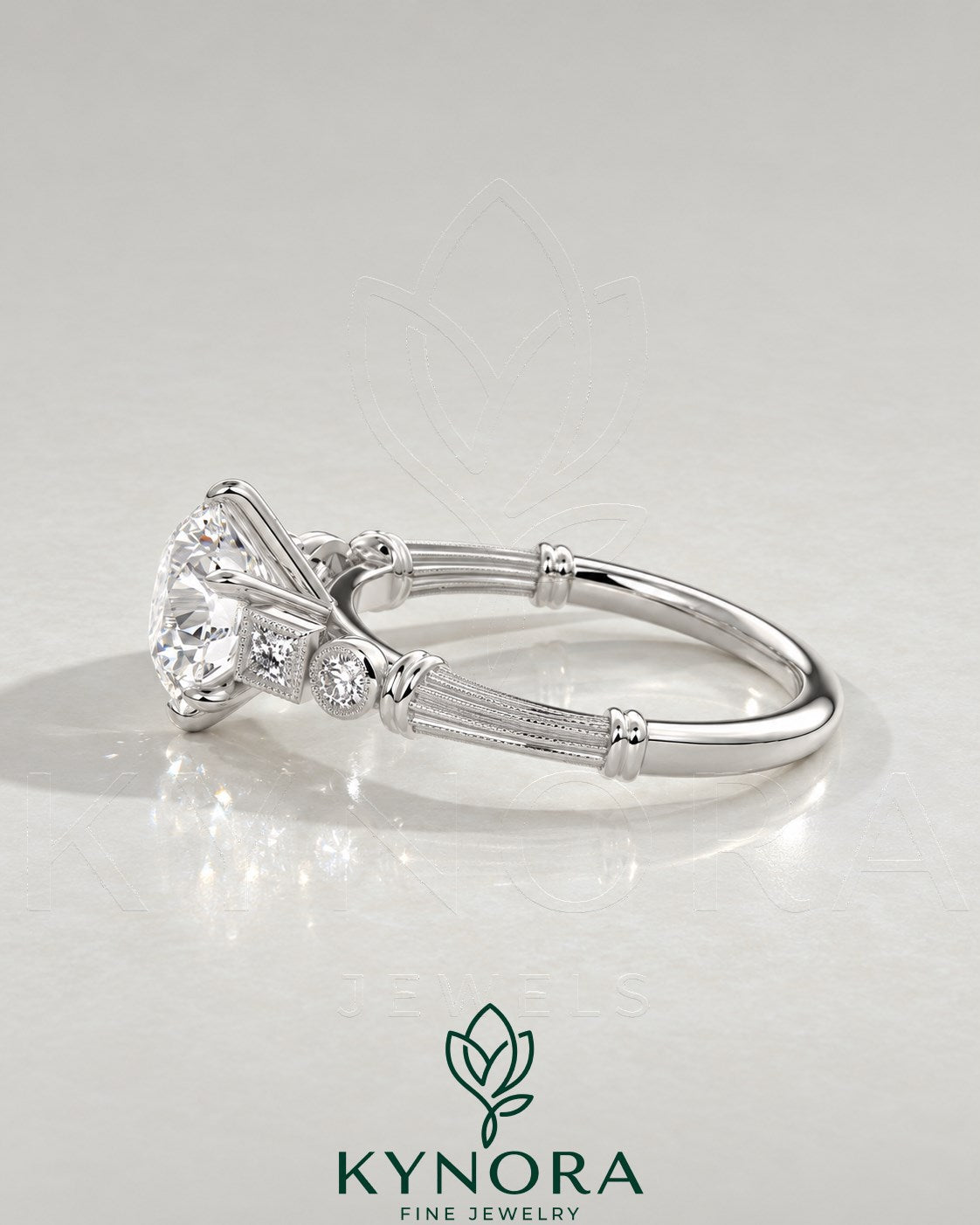 Vintage Round Moissanite Ornate Fluted Engagement Ring in 925 Silver