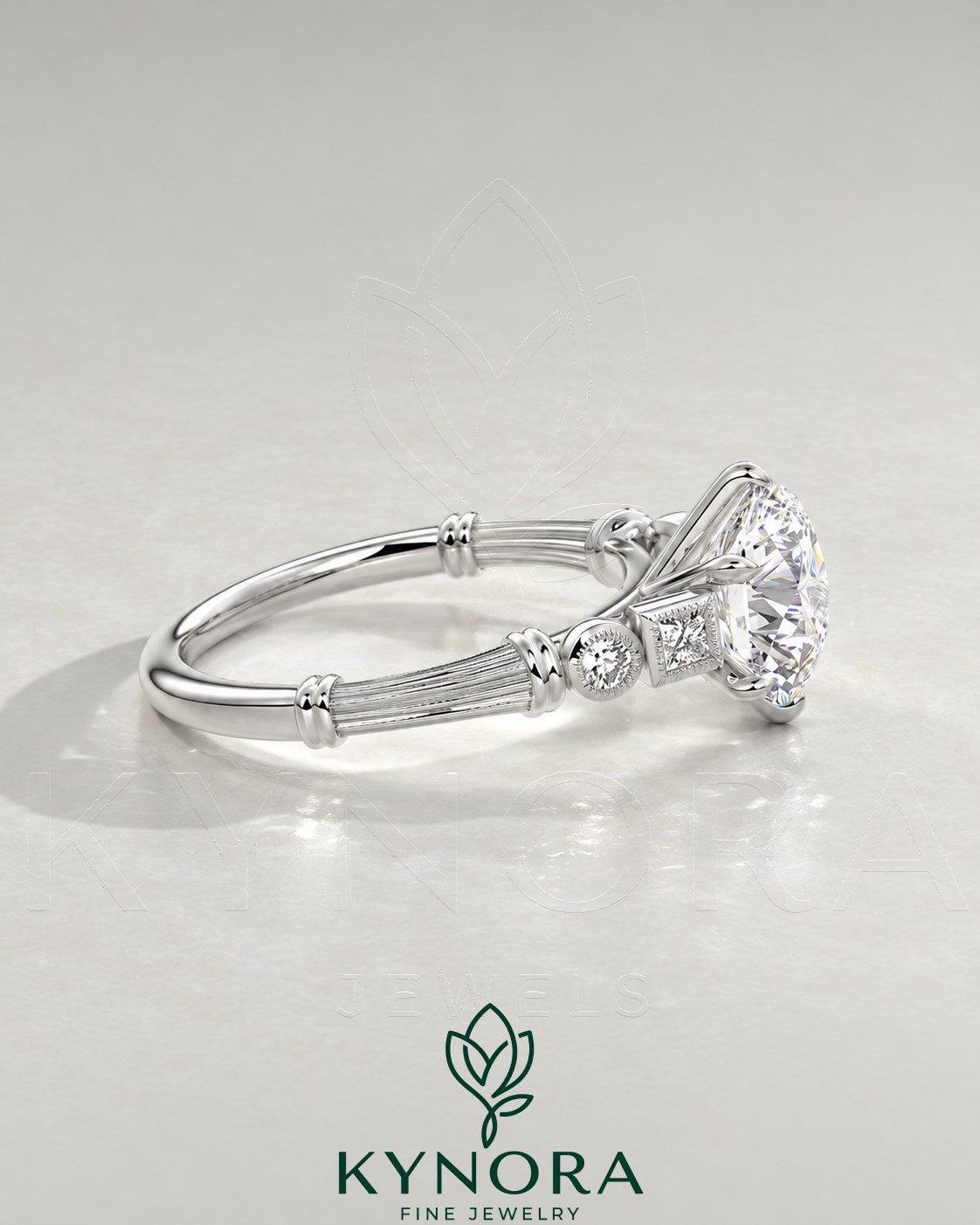 Vintage Round Moissanite Ornate Fluted Engagement Ring in 925 Silver