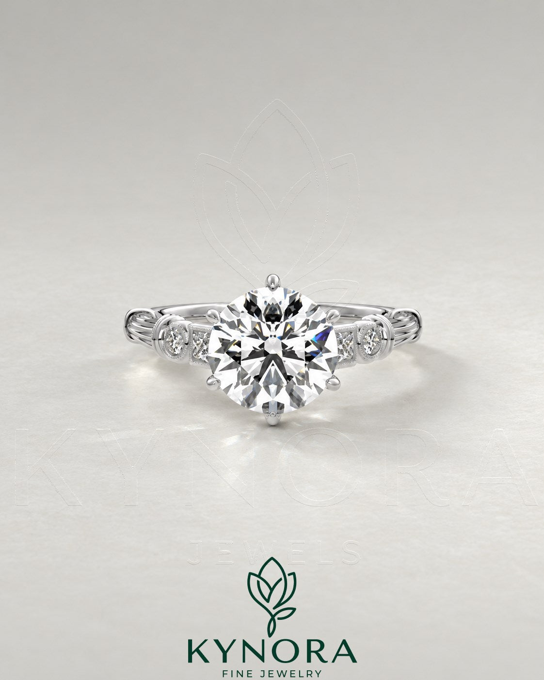 Vintage Round Moissanite Ornate Fluted Engagement Ring in 925 Silver