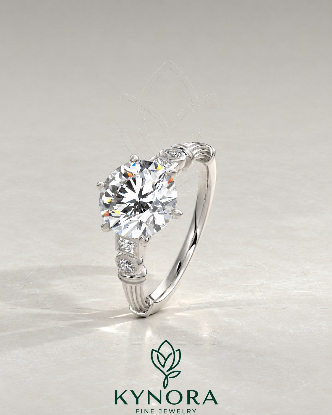 Vintage Round Moissanite Ornate Fluted Engagement Ring in 925 Silver