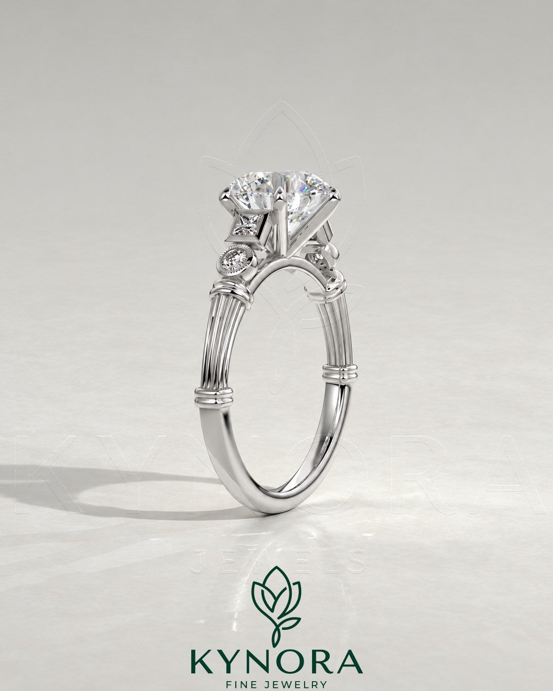 Vintage Round Moissanite Ornate Fluted Engagement Ring in 925 Silver