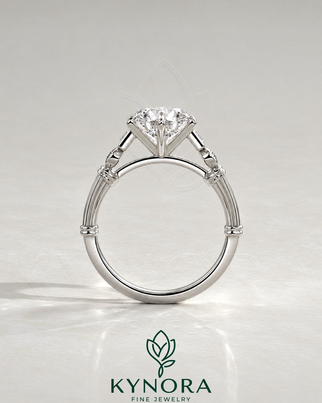 Vintage Round Moissanite Ornate Fluted Engagement Ring in 925 Silver