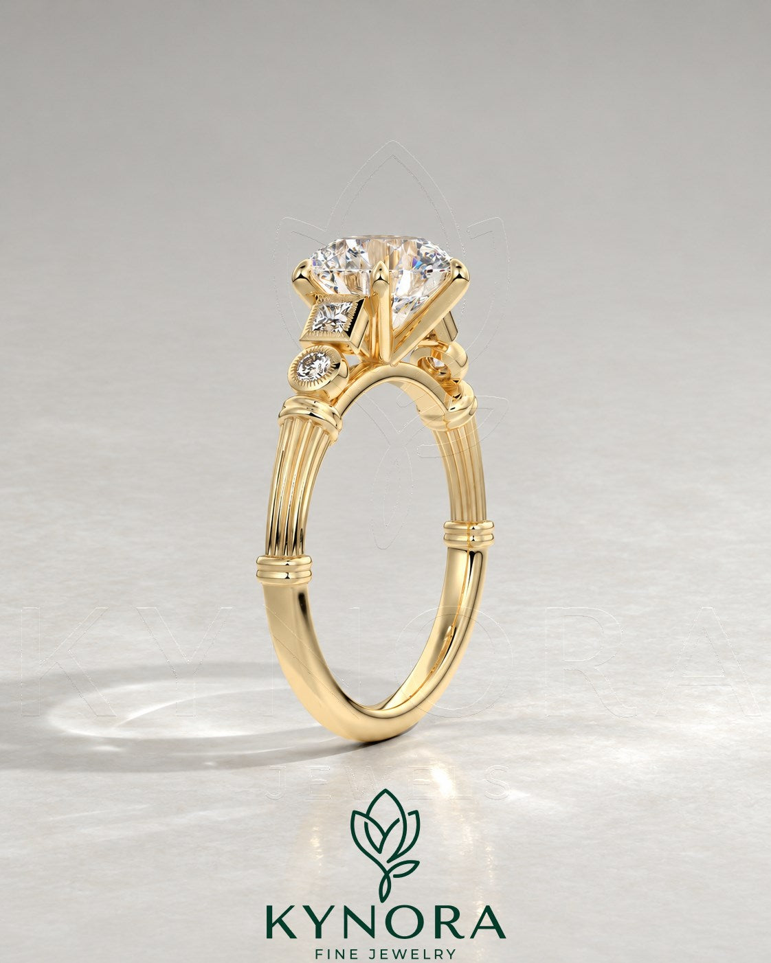 Vintage Round Moissanite Ornate Fluted Engagement Ring in 925 Silver