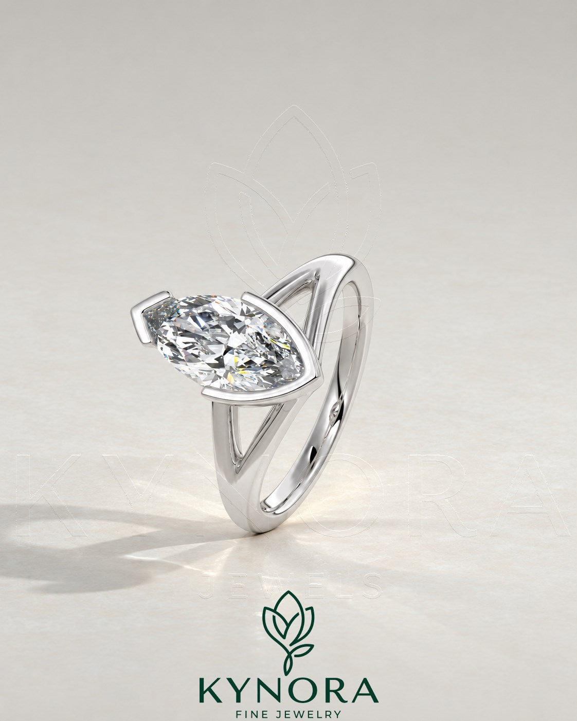 Kynora Marquise Moissanite Split Shank Engagement Ring in 925 Silver