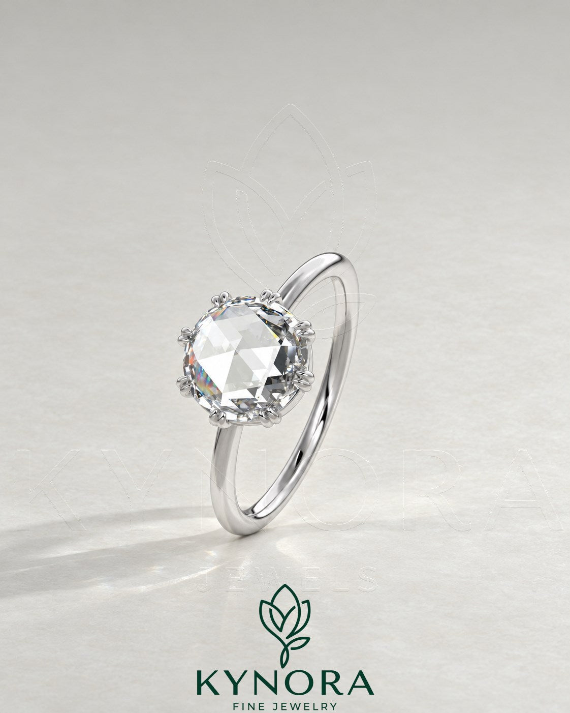Vintage Round Rose Cut Moissanite Solitaire Engagement Ring in 925 Silver