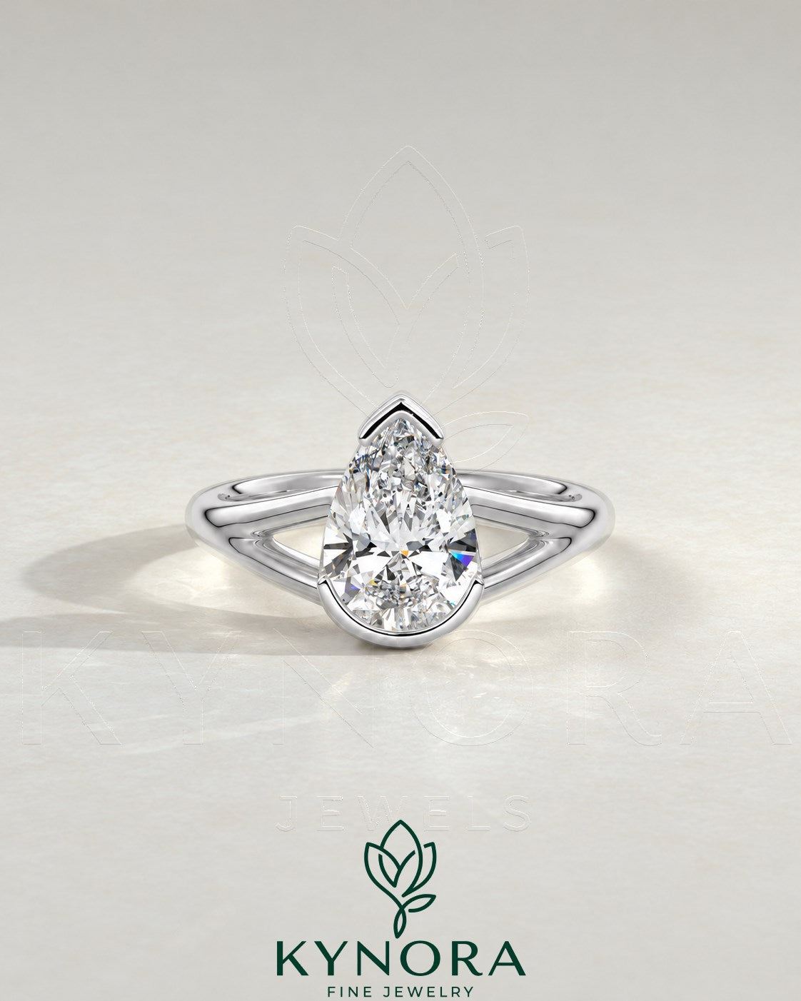 2-karätiger Solitär-Verlobungsring mit birnenförmigem Diamanten in Ost-West-Ausrichtung, Krappenfassung und geschwungener Ringschiene