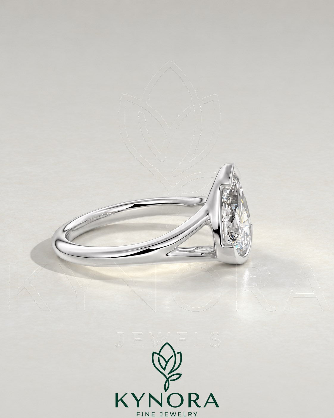 2-karätiger Solitär-Verlobungsring mit birnenförmigem Diamanten in Ost-West-Ausrichtung, Krappenfassung und geschwungener Ringschiene