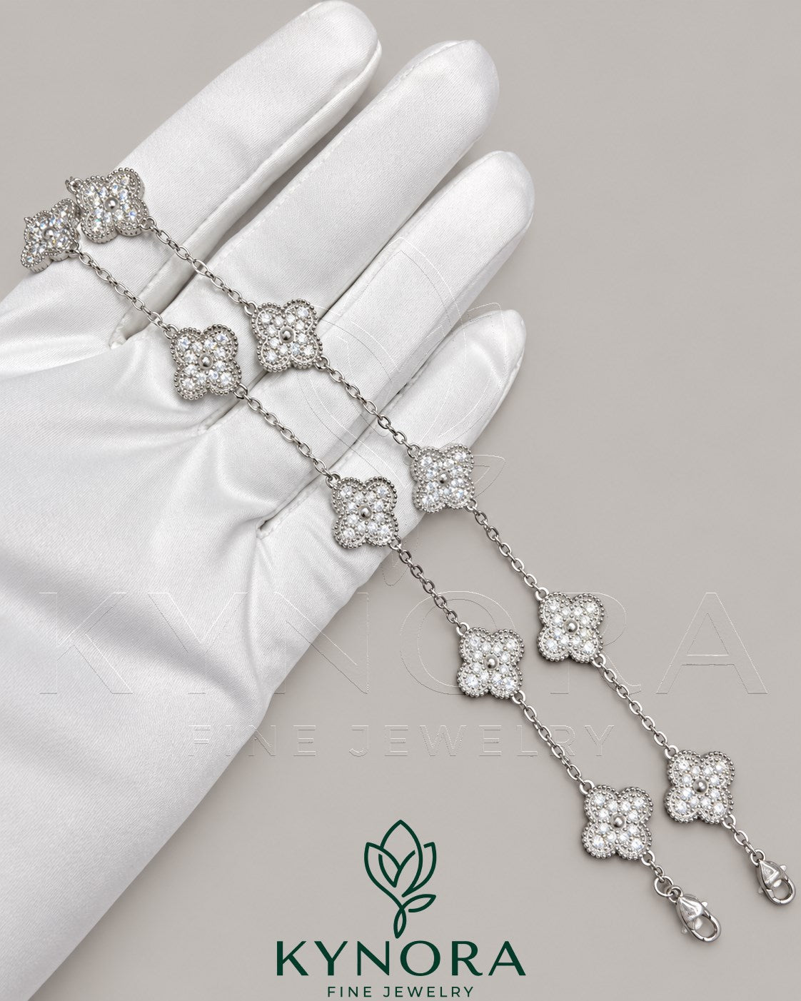 925 Sterling Silver Moissanite Diamond Van Cleef Hiphop Bracelet by Kynora Jewels, featuring sparkling gemstones and intricate design.
