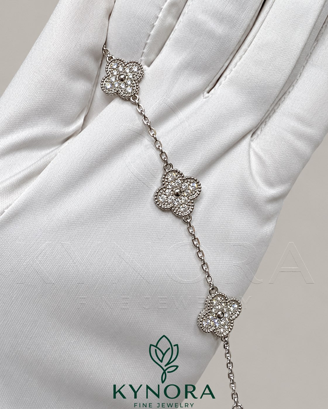 925 Sterling Silver Moissanite Diamond hip-hop bracelet with van clef design by Kynora Jewels, featuring sparkling gemstones and bold style