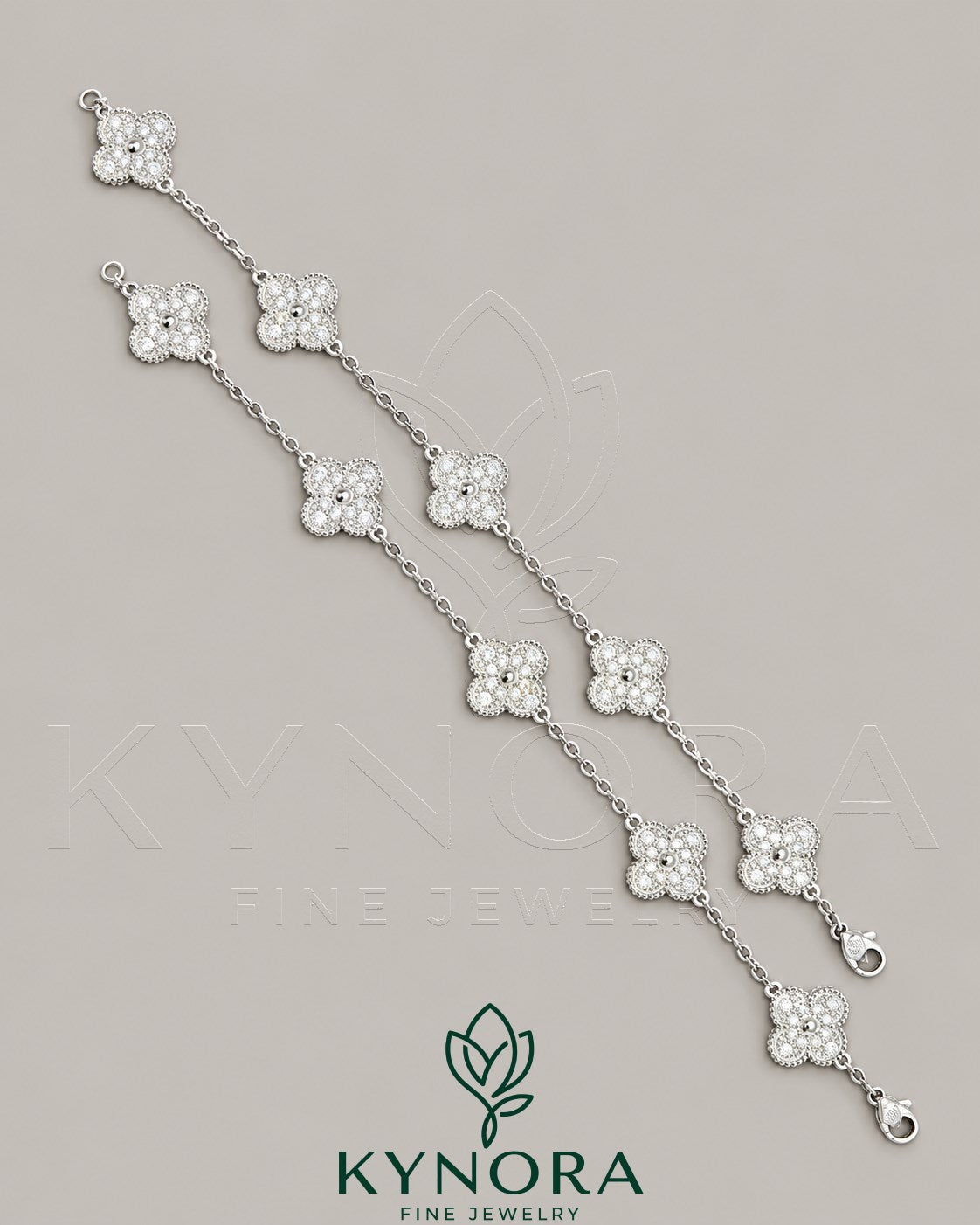 925 Sterling Silver Moissanite Diamond Hip Hop Bracelet with van Cleef style design by Kynora Jewels