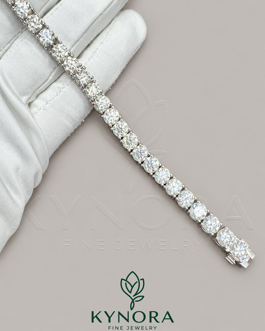 Kynora Jewels 5mm round cut VVS1 moissanite diamond hip hop tennis bracelet with sparkling stones and silver setting.