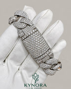20mm moissanite diamond sterling silver Cuban hip hop bracelet by Kynora Jewels featuring bold, shiny gemstone-studded chain.