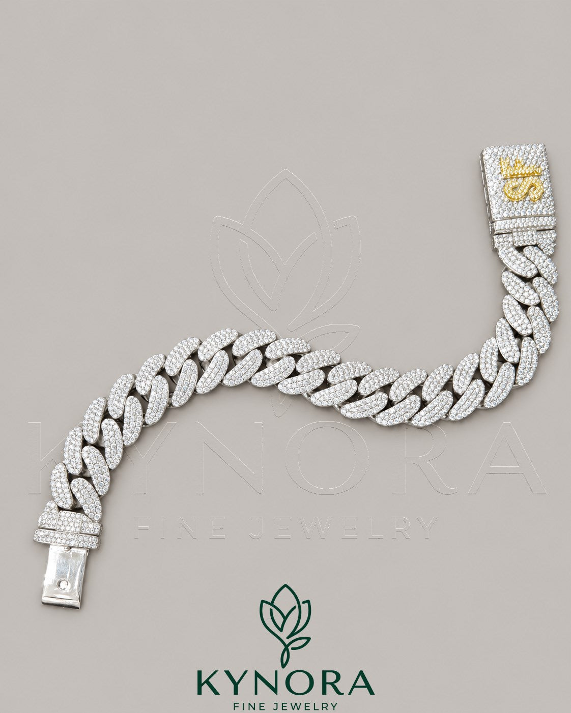 VVS1 Moissanite diamond Miami Cuban box lock bracelet in sterling silver with custom design, hip-hop style by Kynora Jewels