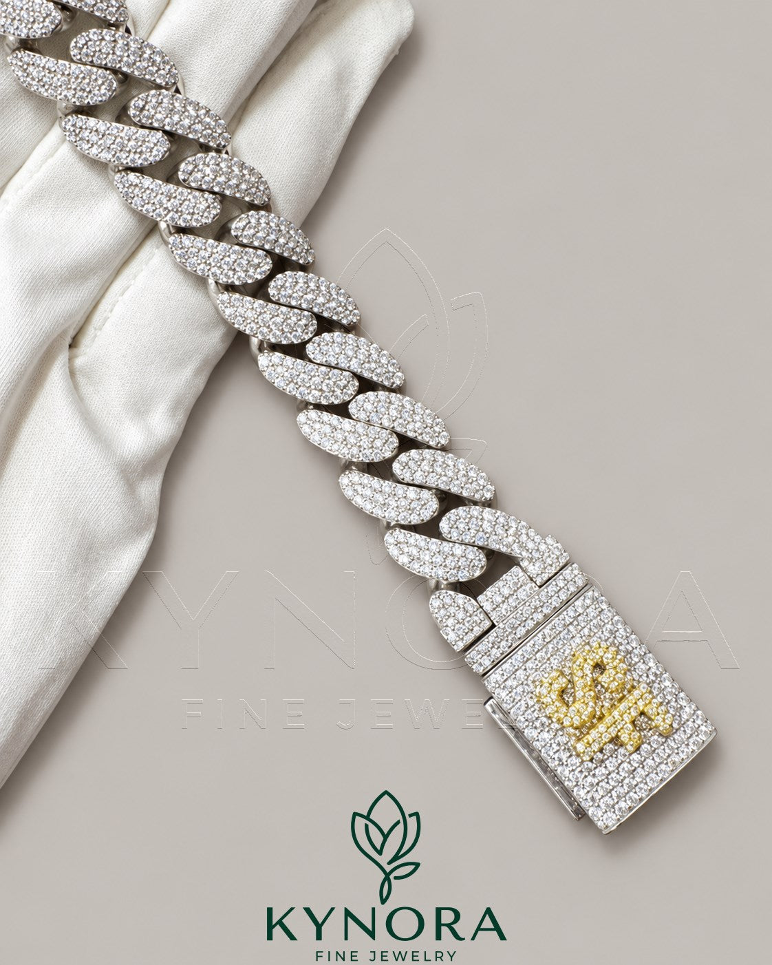 VVS1 moissanite diamond sterling silver Miami Cuban box lock bracelet featuring custom hip-hop style design by Kynora Jewels