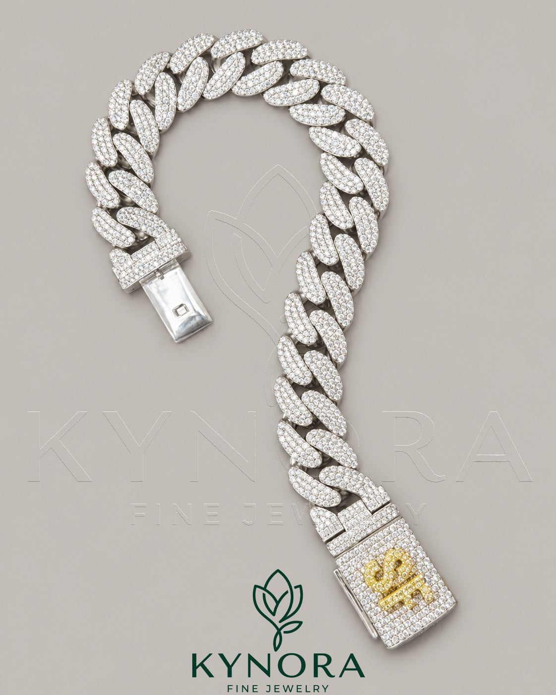 VVS1 Moissanite diamond sterling silver Miami Cuban box lock bracelet by Kynora Jewels, featuring a luxurious hiphop style design.