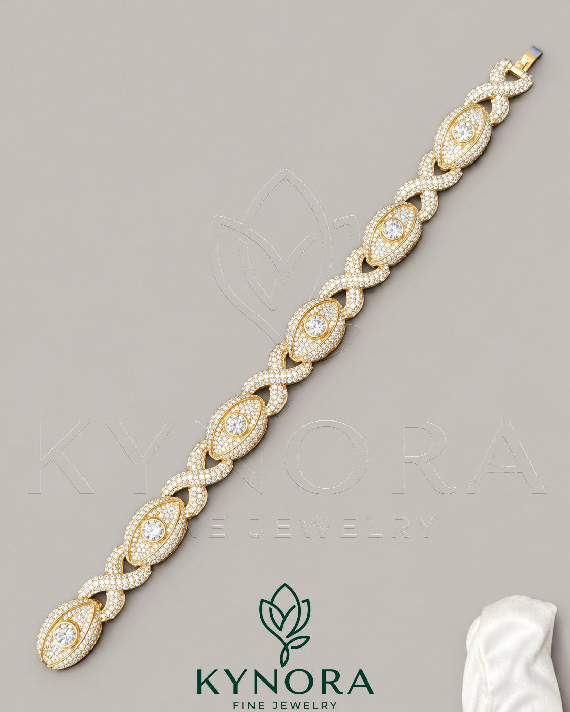 Sterling silver 12mm iced out infinity evil eye unisex hip-hop bracelet by Kynora Jewels, featuring sparkling gemstone accents.