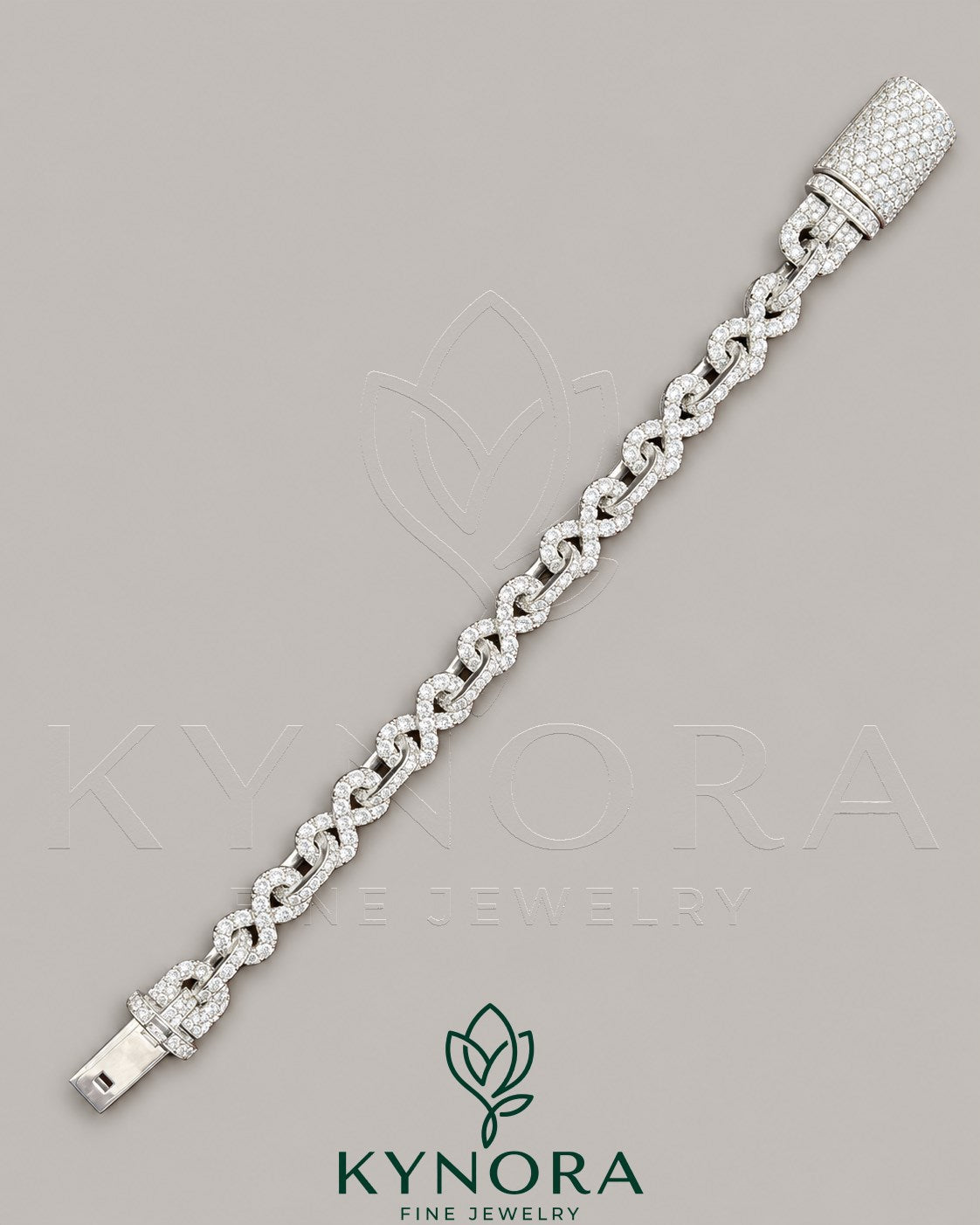Kynora Jewels 10mm VVS1 Moissanite diamond infinity bracelet featuring a hip-hop style design with sparkling gemstones.