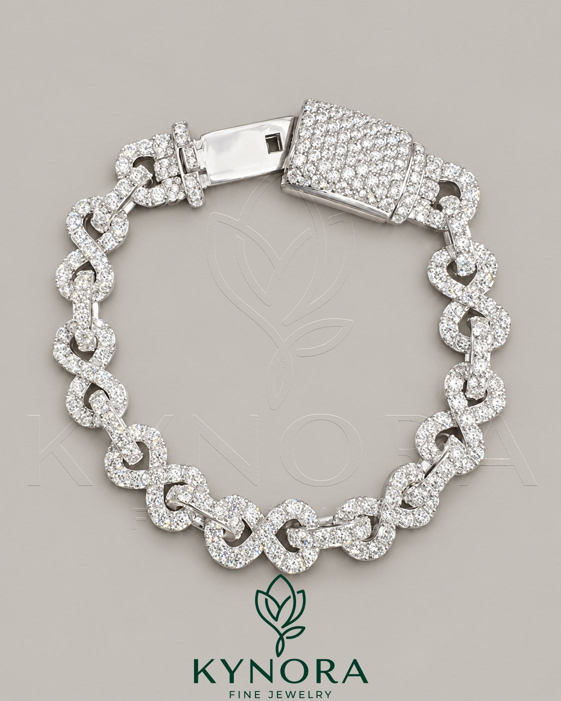 Kynora Jewels 10mm VVS1 Moissanite diamond infinity bracelet featuring a hip-hop style design with sparkling stones and intricate links.