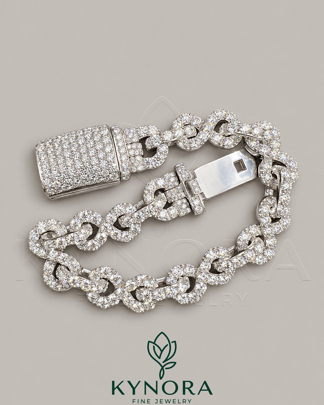 Kynora Jewels 10mm VVS1 Moissanite diamond infinity bracelet featuring a hip-hop style design with sparkling stones and silver setting.