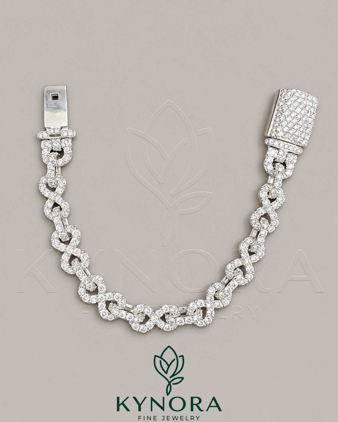 Kynora Jewels 10MM VVS1 Moissanite diamond infinity bracelet featuring a sleek hip-hop style design with sparkling stones.