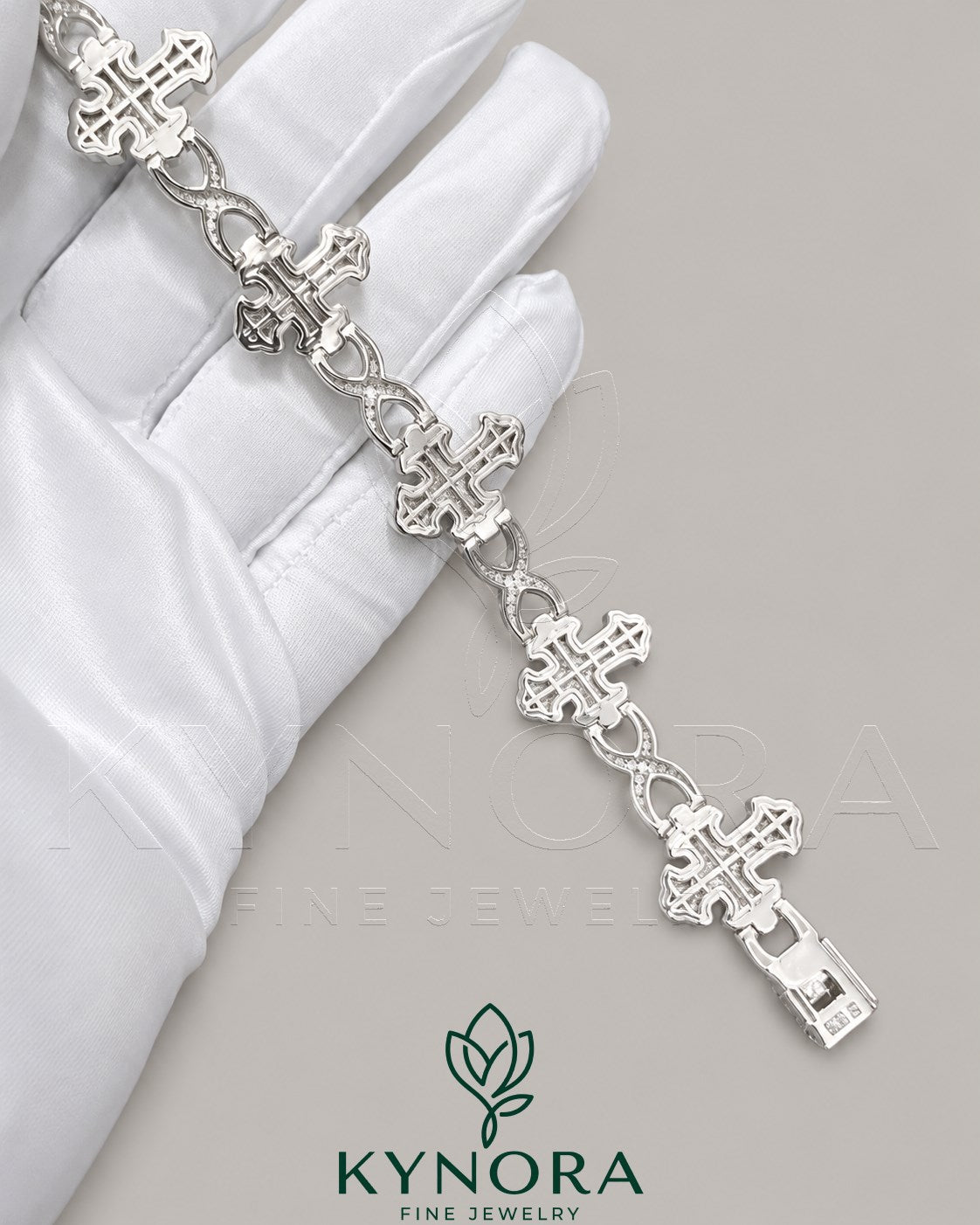 Fully iced out cross moissanite hip hop diamond bracelet from Kynora Jewels featuring sparkling, detailed jewelry with cross pendant design.