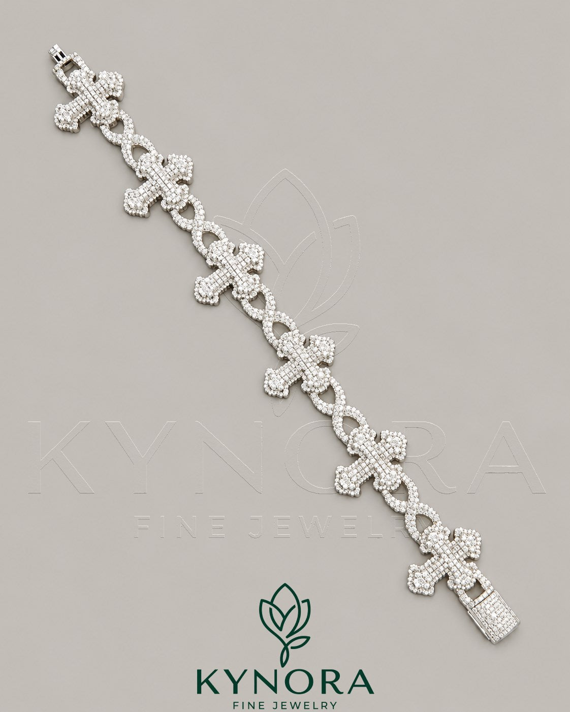 Fully iced-out cross moissanite hip hop diamond bracelet by Kynora Jewels with sparkling stones and bold design. Main image