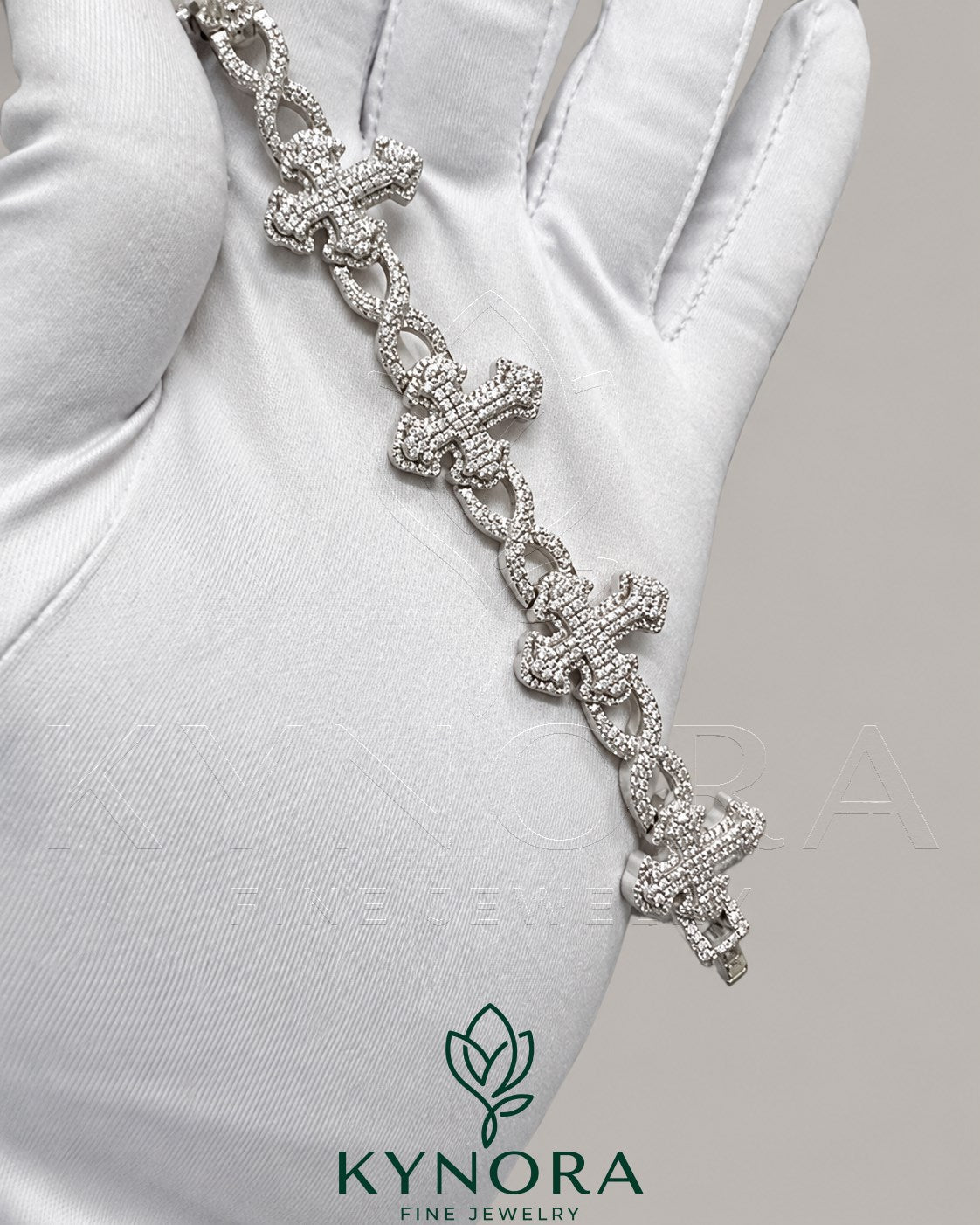 Fully iced out cross moissanite hip hop bracelet by Kynora Jewels featuring sparkling diamond accents and bold design.