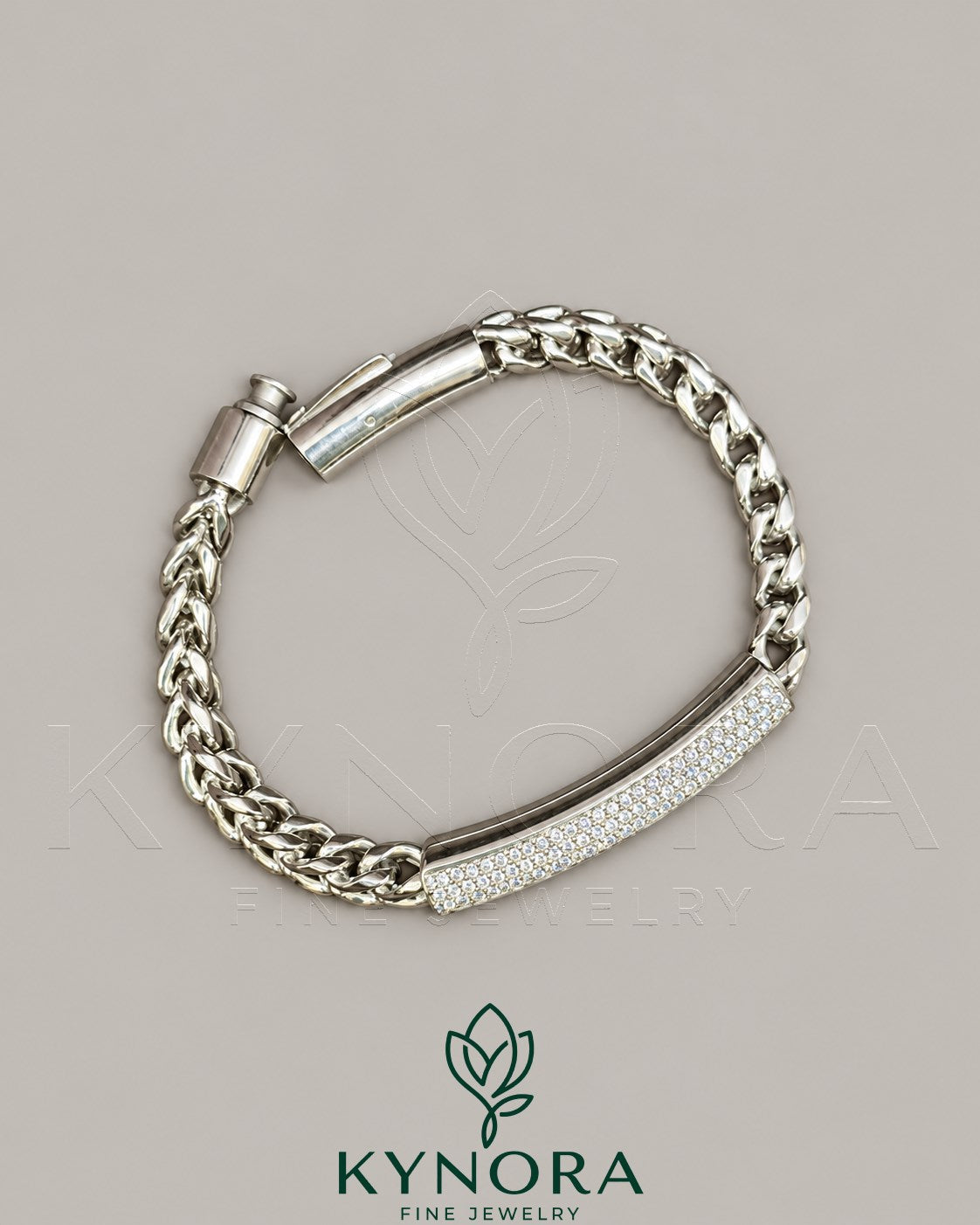 VVS lab diamond with 925 sterling silver hip-hop bracelet for unisex, featuring a Kynora Jewels logo and modern jewelry design.