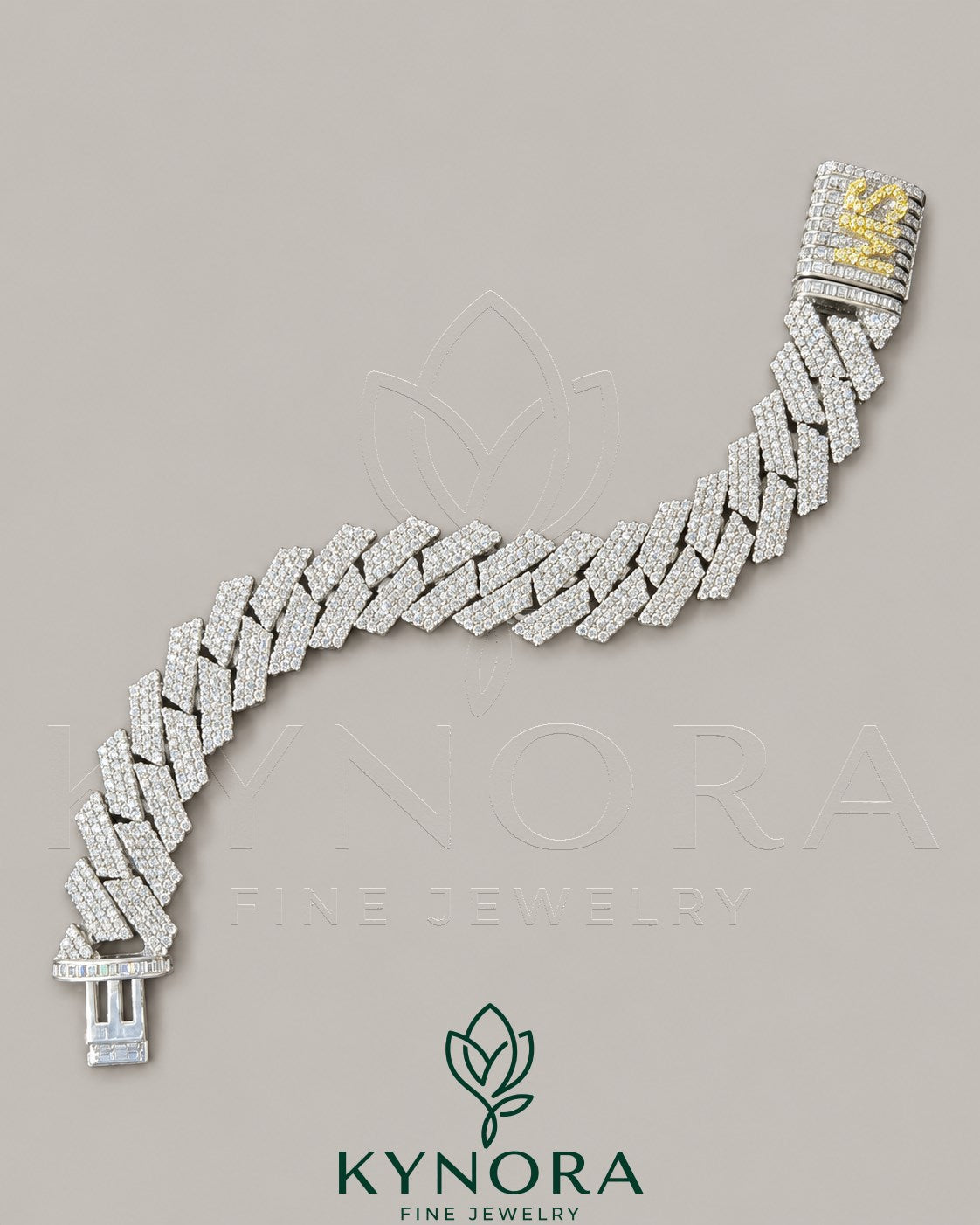 18mm Lab Diamond solid 925 sterling silver hip hop bracelet with custom lock by Kynora Jewels.